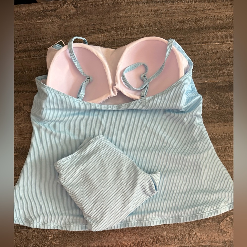 Sky Blue Ribbed Tankini Two-Piece Ruched Tummy Control Tankini Set - Picture 14 of 14